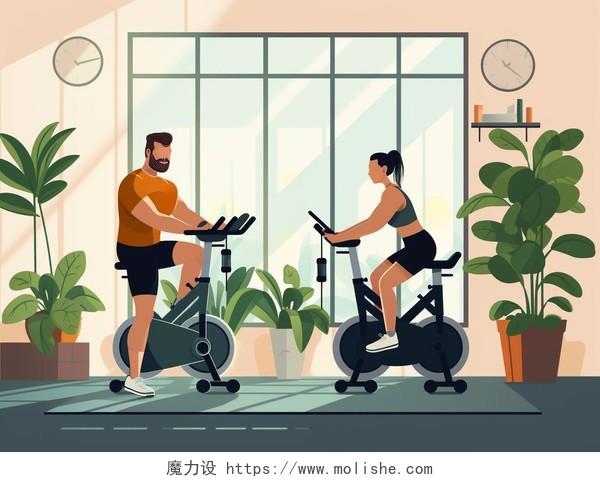 卡通手绘健身节插画健身房室内两人在动感单车上锻炼植物场景人物插画运动健身体育